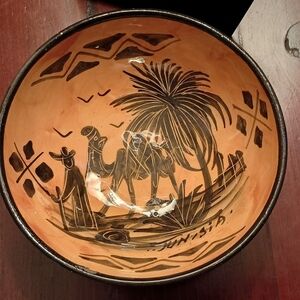 Hand-Painted Tunisian Pottery Camel Desert Bowl - Orange and Black